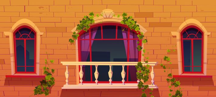 古色古香的建筑立面藤上的常春藤与叶子