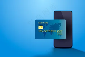 电子信用卡和电话，金融技术，蓝色隔离。