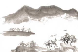 远山湖泊水墨画PNG免抠素材