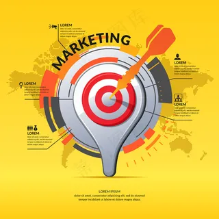 逼真的三维图标地图指针。以世界地图为背景的营销业务信息图表。