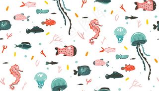 手绘抽象卡通图形夏季水下插图无缝模式与珊瑚礁，水母隔离在白色背景。