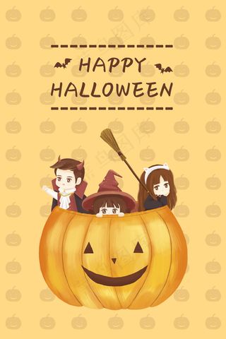 万圣节小朋友躲在南瓜灯里配图