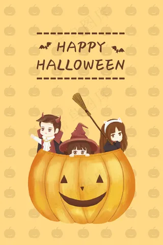 万圣节小朋友躲在南瓜灯里配图