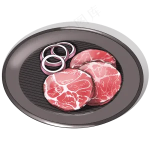烤盘上有洋葱装饰的猪肉片