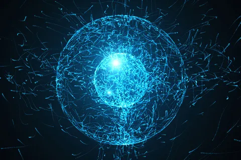 循环抽象粒子背景与球体形状，已严重变形的噪音位移力三维插图