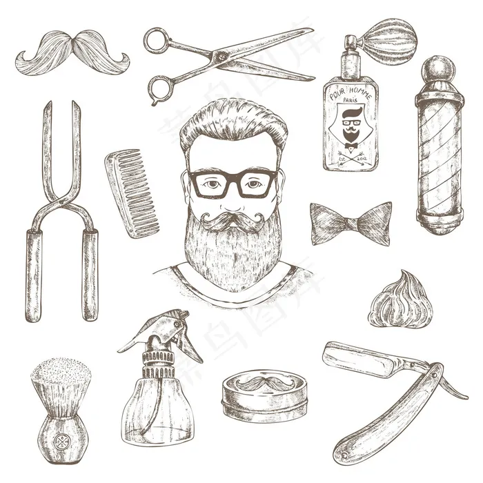 Hipster和barber元素集eps,ai矢量模版下载