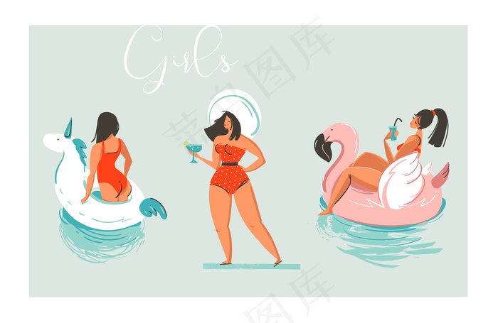 手绘卡通夏日乐趣海滩女孩系列插图套装游泳池浮标独角兽和火烈鸟戒指和复古女孩在蓝色背景上的鸡尾酒帽子