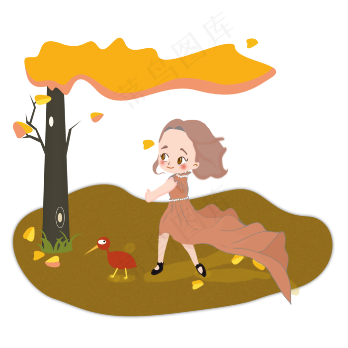 秋天秋日少女金黄落叶起风PNG图