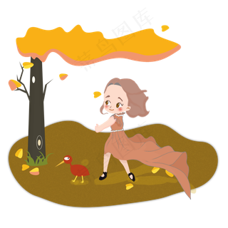 秋天秋日少女金黄落叶起风PNG图
