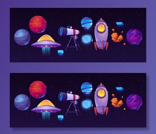 太空探索图标，行星，火箭或航天飞机，望远镜，外星人不明飞行物与小行星在黑暗的星空。