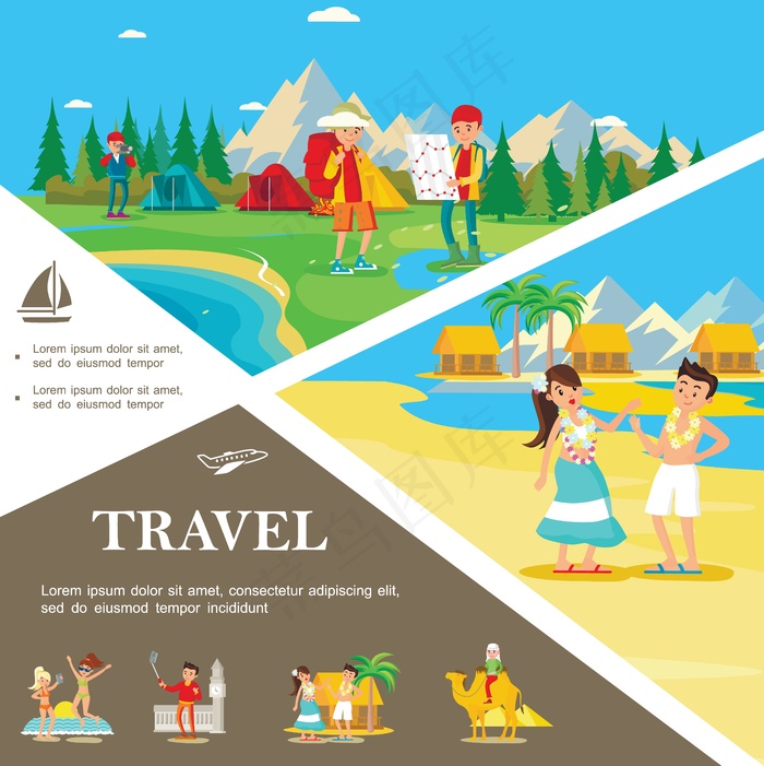 平坦的夏季旅游丰富多彩的模板与旅游营地在森林里人们在夏威夷的热带海滩上放松eps,ai矢量模版下载