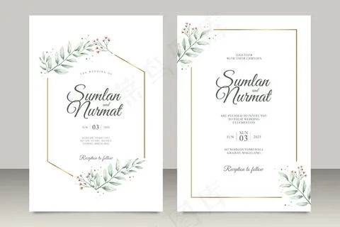 用现代树叶水彩制作的婚礼请柬