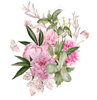 树枝，玫瑰金花卉元素和蝴蝶