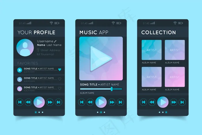 歌曲和艺术家音乐播放器应用程序eps,ai矢量模版下载