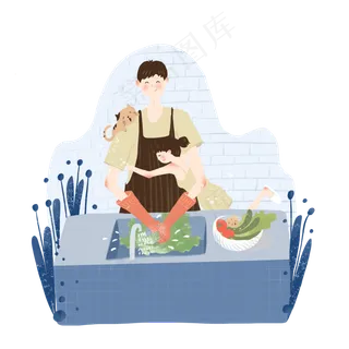 七夕节人物蓝色系情侣厨房洗菜拥