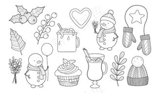 冬季和圣诞节套雪人，潘趣，温暖的衣服，热巧克力与棉花糖轮廓。着色