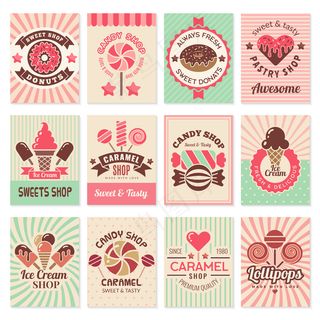 糖果店卡片。甜食甜点餐厅菜单宣传单,DM传单集合糖果符号