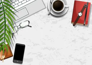 带绿叶办公元素的顶视图办公桌