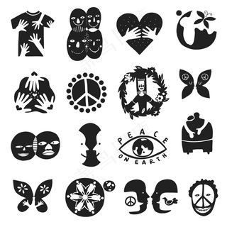 一套单色的国际友谊符号与和平的标志，兄弟，地球的孩子，平等孤立的插图