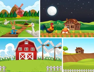 动物农场卡通风格的不同农场场景集