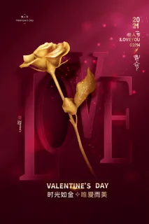 高端金色玫瑰花情人节海报