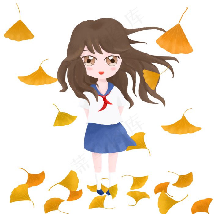 手绘秋天之落叶与女孩