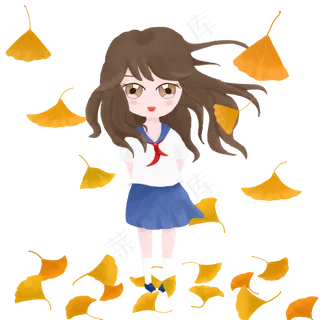 手绘秋天之落叶与女孩