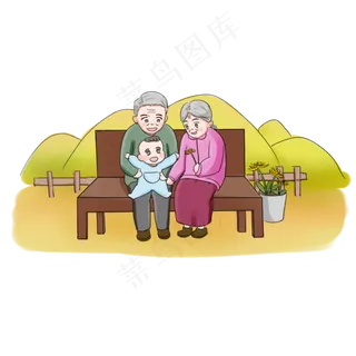 重阳节全家团圆登高卡通手绘爷孙