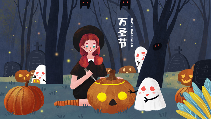 万圣节魔女在森林中雕刻南瓜灯(2880*1620px 300 dpi )psd模版下载