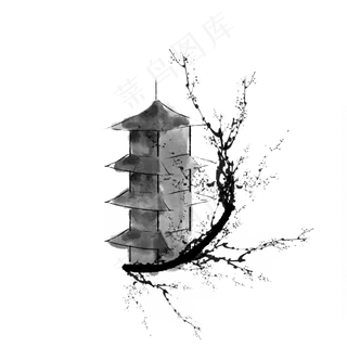 水墨风梅花建筑装饰免扣素材