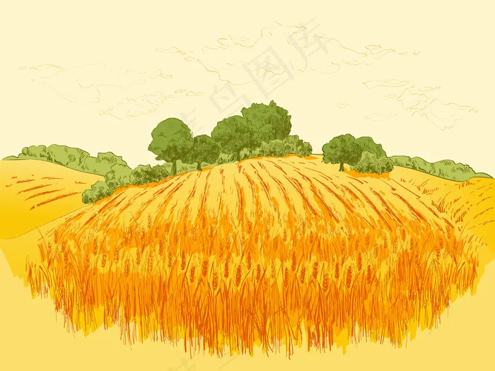 田园风光麦田插画eps,ai矢量模版下载