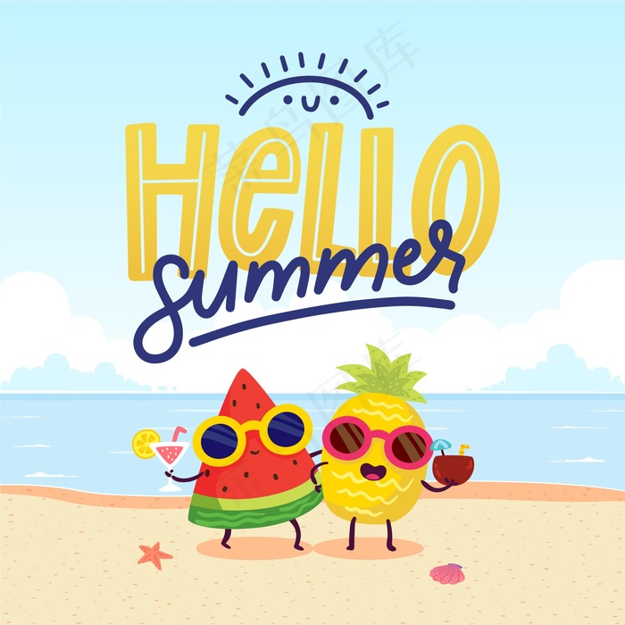 卡通hello summer插画eps,ai矢量模版下载