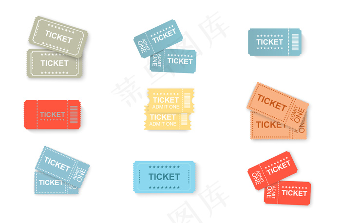 票证图标已隔离。电影票、飞机票、剧院票、电影院票的矢量图形