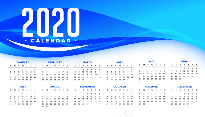 带有抽象蓝色波浪的2020新年日历模板eps,ai矢量模版下载