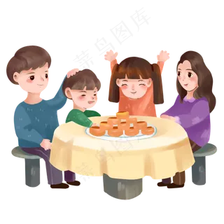 中秋节一家四口吃月饼赏月PNG