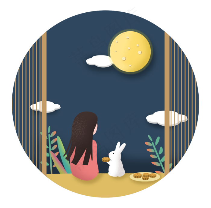 中秋节月亮圆月中秋佳节女孩与兔(2397X2362(DPI:300))psd模版下载