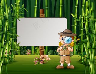 探险家男孩站在空白标志插图附近的卡通插图