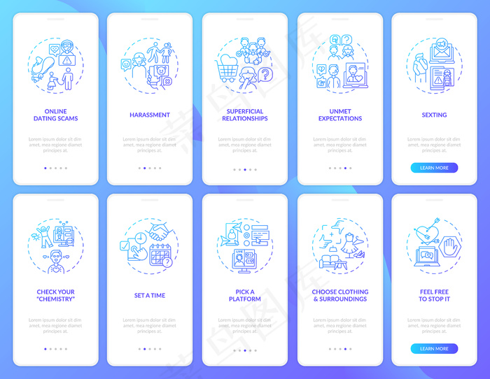 选择带有概念的平台入职手机app移动应用程序app页面屏幕。未满足的期望演练10个步骤的图形说明。eps,ai矢量模版下载