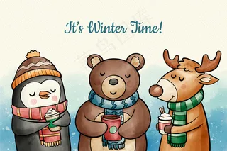 可爱的冬季动物背景