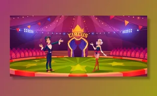 马戏团竞技场上拿着魔杖和女人的魔术师