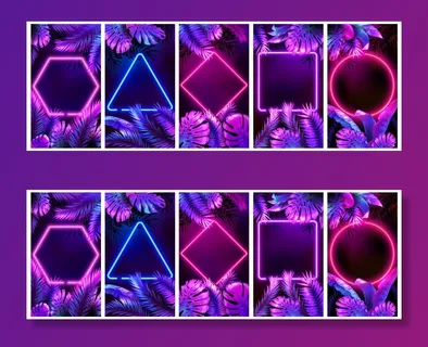 热带霓虹灯框架。明亮发光的树叶，网络花框和树叶在霓虹灯背景设置。