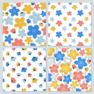 一套彩色花卉无缝图案，用于印刷在织物、包装纸、封面等上。