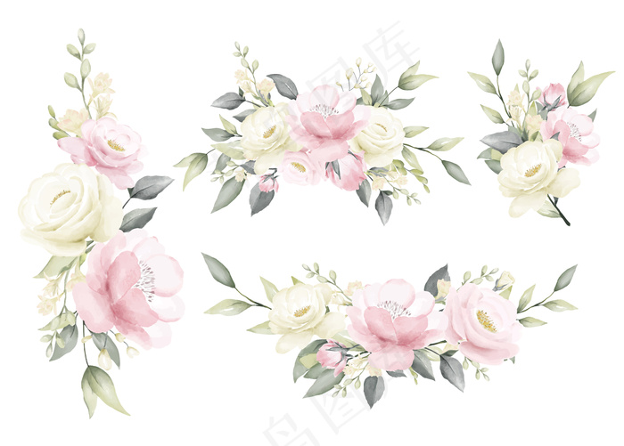 玫瑰水彩画白色奶油和粉红色花束eps,ai矢量模版下载