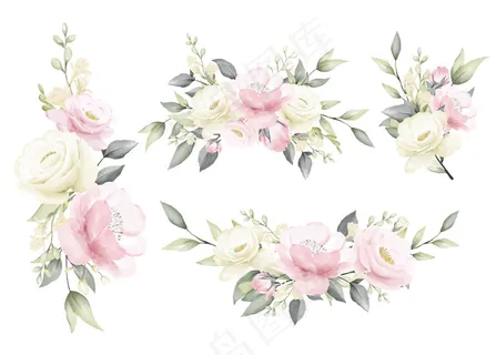 玫瑰水彩画白色奶油和粉红色花束 玫瑰水彩画白色奶油和粉红色花束