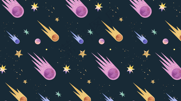 五颜六色的星系水彩涂鸦与彗星无缝模式