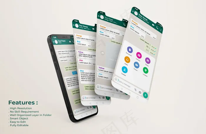 手机上的Whatsapp接口模板和ui-ux应用程序app演示模型样机psd模版下载