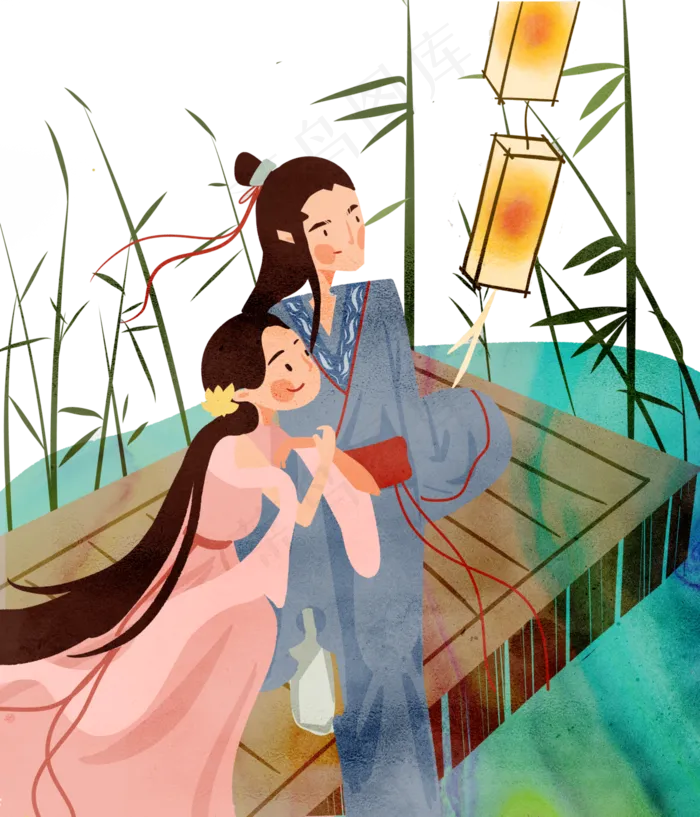 七夕情人节牛郎织女相会(3000X3500(DPI:300))psd模版下载