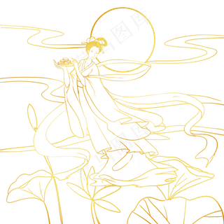 线描中秋奔月嫦娥
