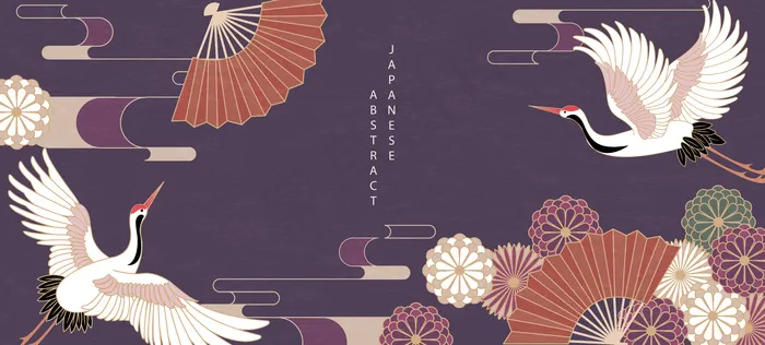 东方日式抽象图案背景设计雏菊花折扇鸟鹤eps,ai矢量模版下载