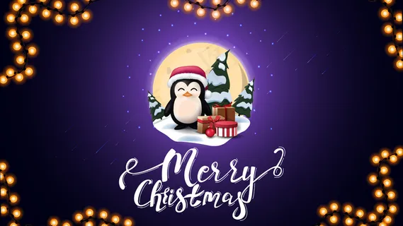 圣诞快乐，蓝色明信片上写着满月，雪堆，松树，星空，企鹅戴着圣诞老人的帽子和礼物